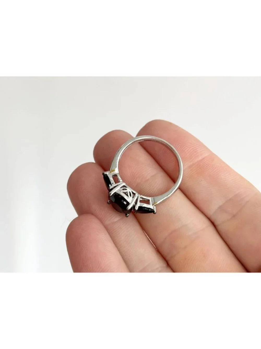 Triple  Black Onyx Gemstone Minimalist Sterling Silver 925 Vintage Ring - sz 8